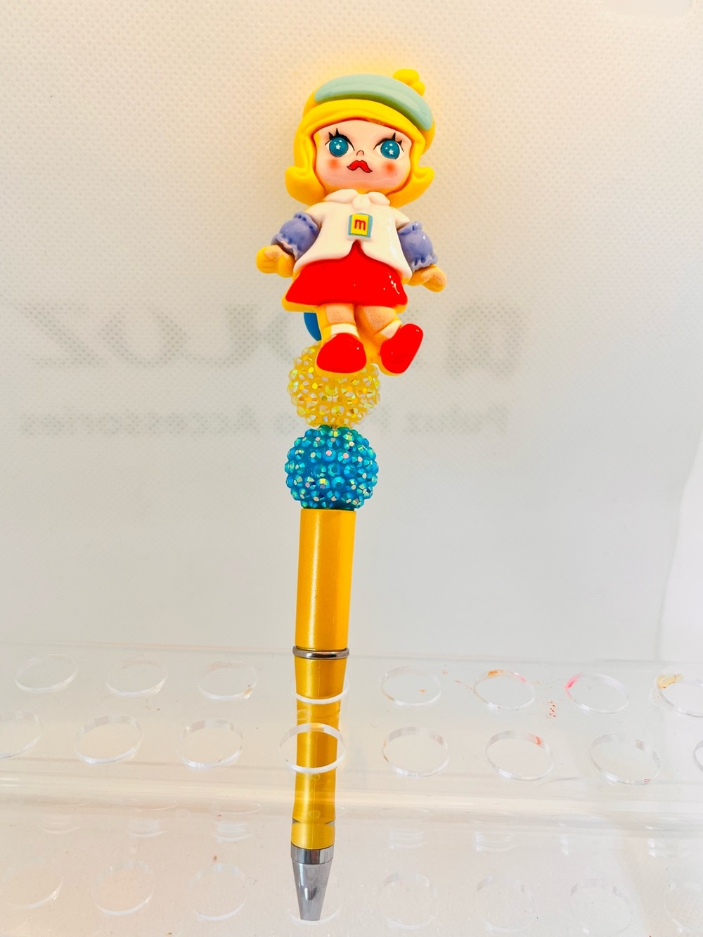 Cute Yellow Novelty Doll Top Pen with Red Shoes and Blue Accents